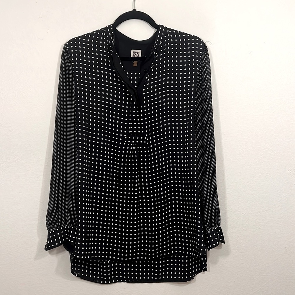 Anne Klein Blouse, Size 10, Black with white polka dots